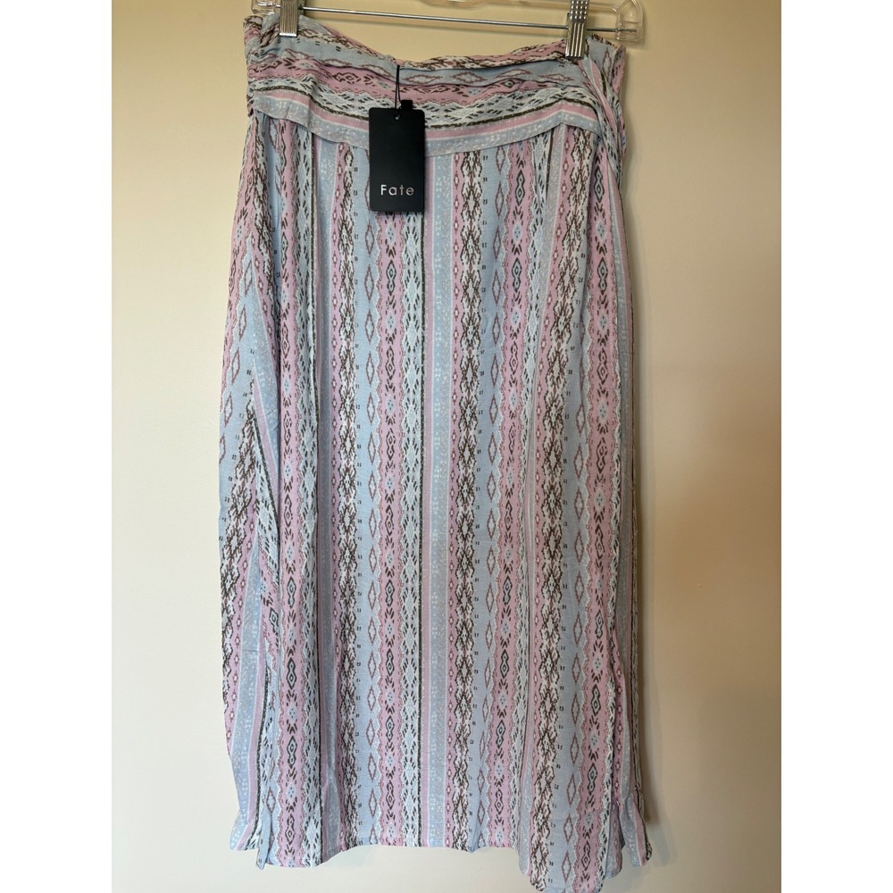 Fate Women Blue Pink Ikat Stripe Tassel Wrap Midi Skirt Medium NWT